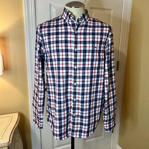 Vineyard Vines Pacific Ave Classic Fit Tucker Shirt Red White Blue Plaid MEDIUM - Picture 1 of 2